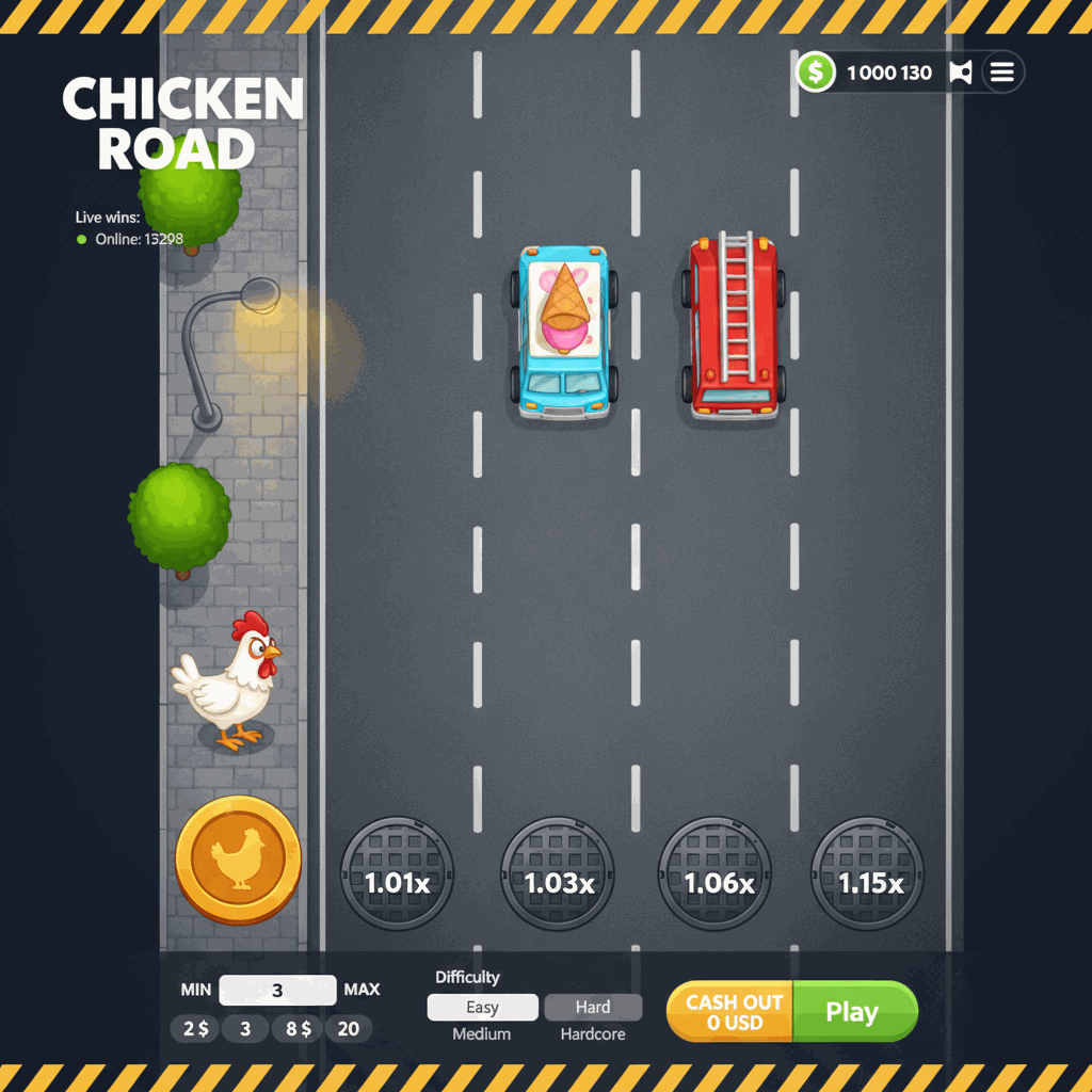 Chicken Road game interface showing a cartoon chicken character on an urban sidewalk preparing to cross a multi-lane road with visible lane markers, manhole covers displaying multiplier values, and a dark graphite dashboard displaying game controls, balance, and betting options
